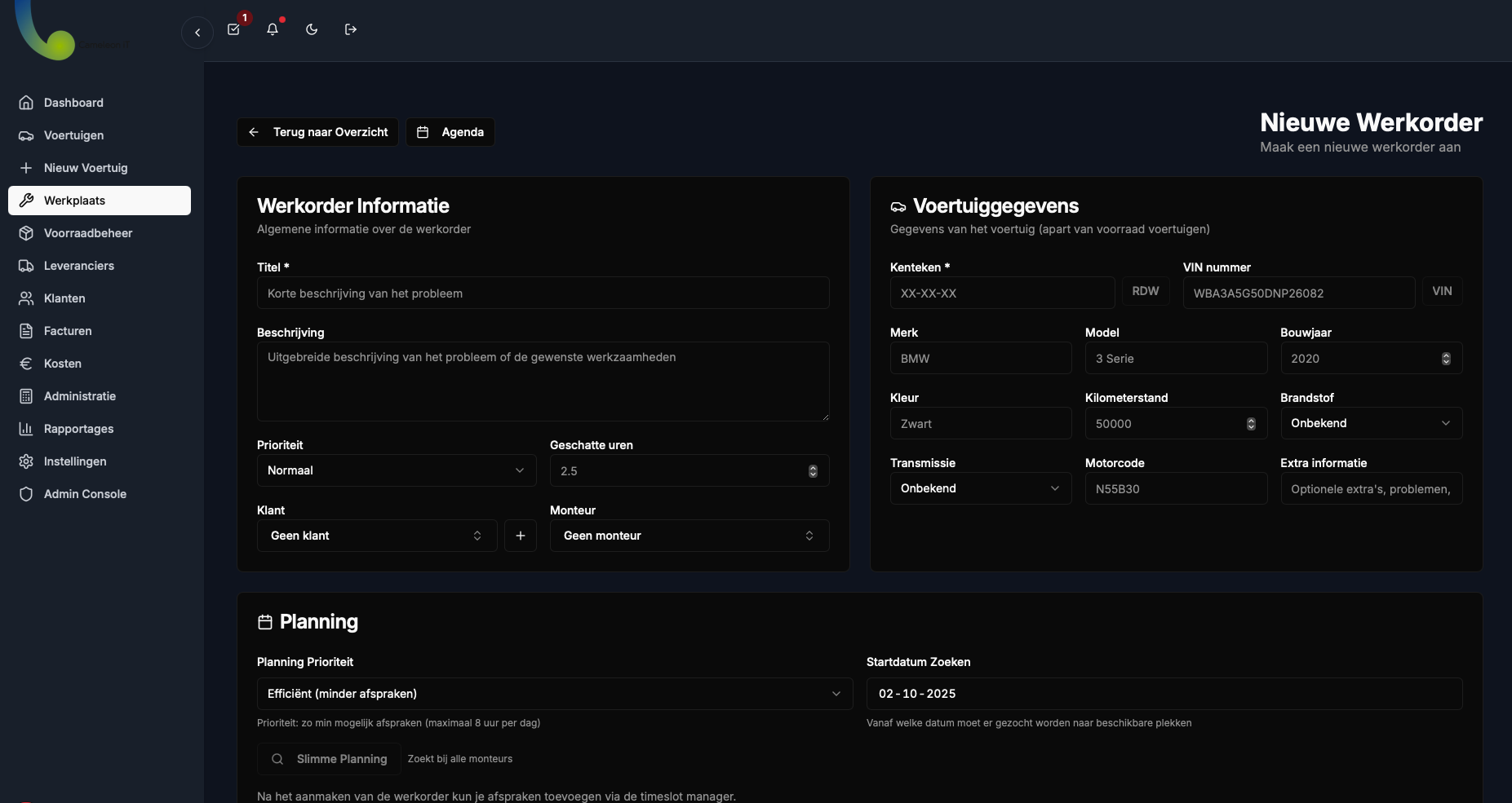 Werkplaatsagenda met weekoverzicht (dark)